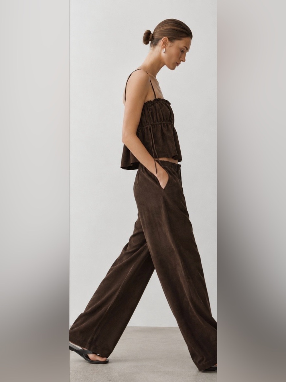 Massimo Dutti gathered suede leather top with straps, Brown XS NWT